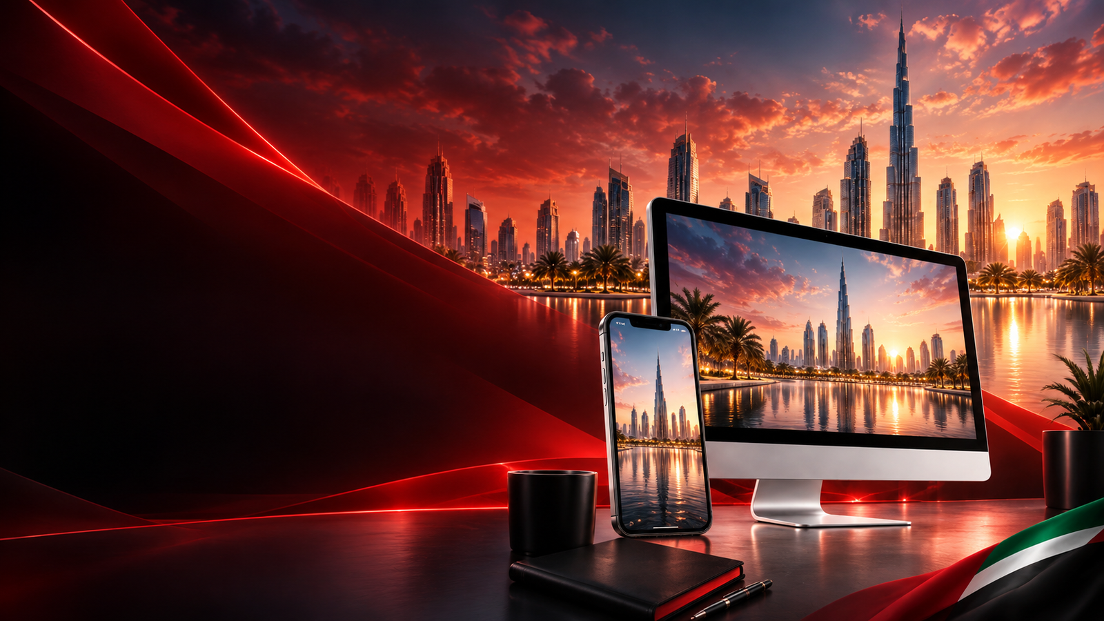 Modern website screens against the Dubai skyline